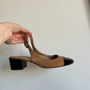 Tahari Suede Tan and Black low block heel